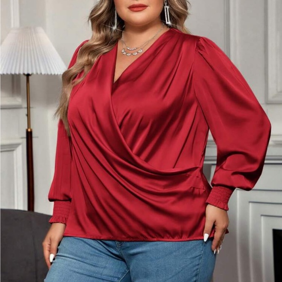 Luxe hot pink bishop sleeve surplice neck shirred cuff blouse - Picture 11 of 16